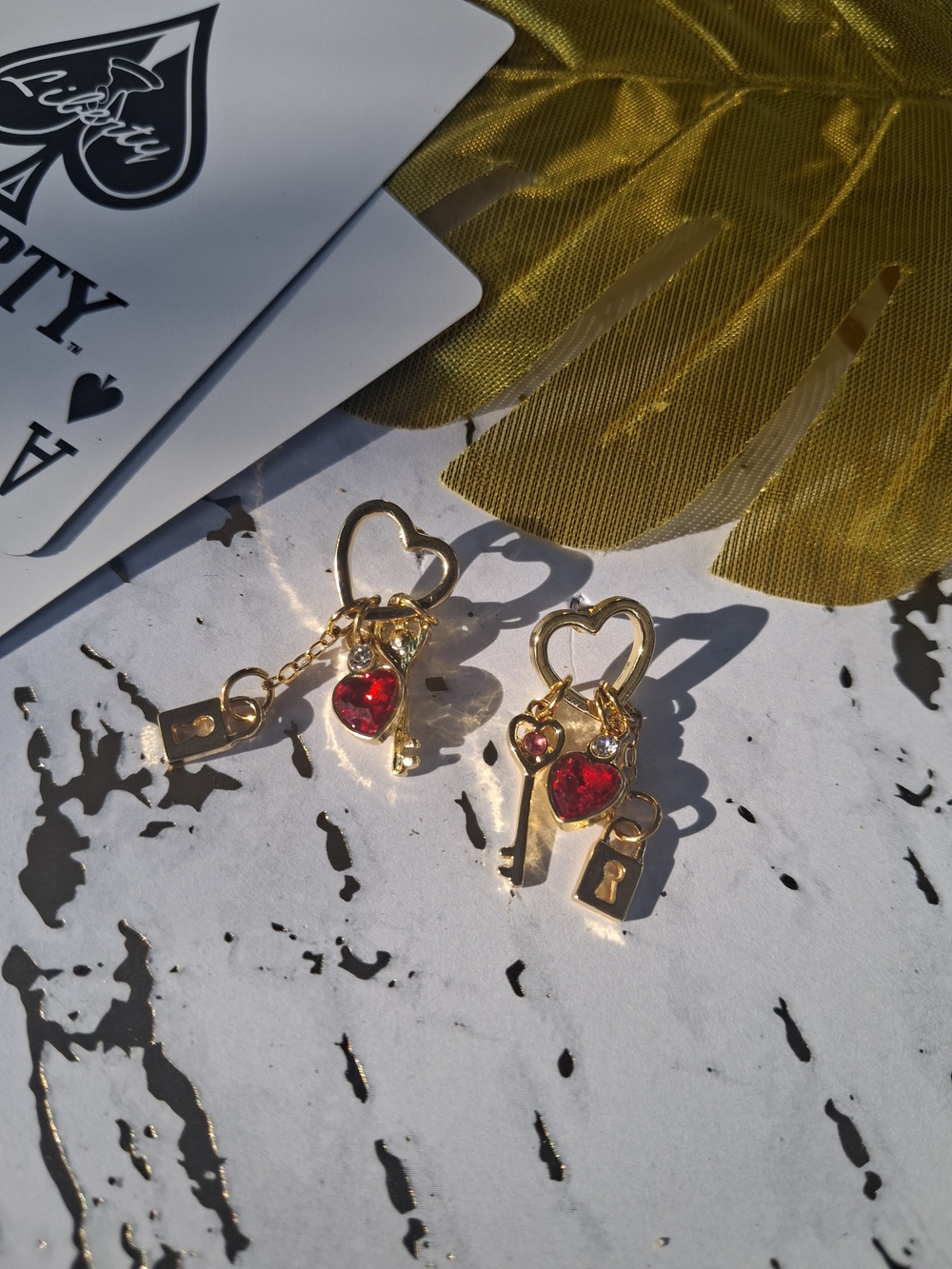 Gold Heart & Key Red Crystal Drop Earrings - Unbranded